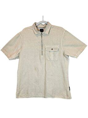 Armani Exchange Mens S Beige Short Sleeve 1/4 Zip Shirt woven linen blend breath